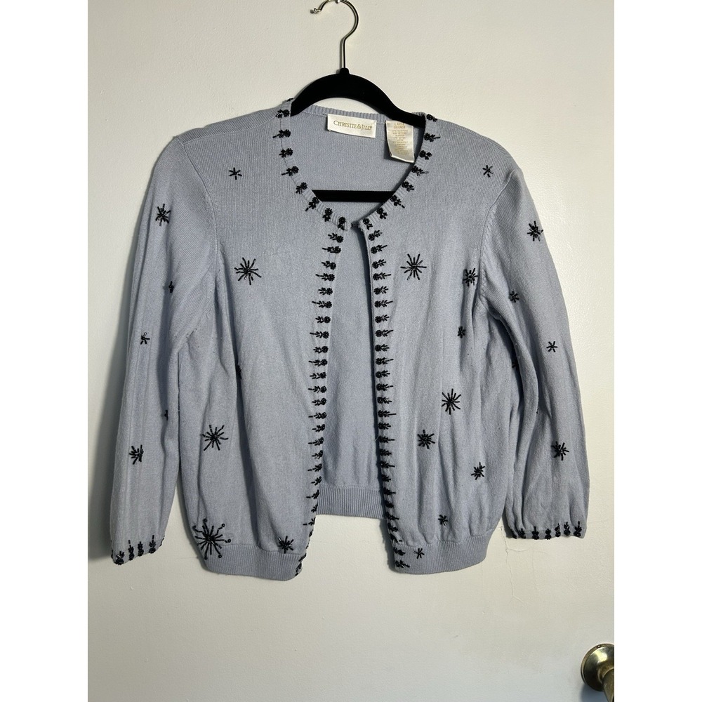 Christie & Jill‎ Silk Cashmere Angora Beaded Cardigan Blue Large VTG Old Money